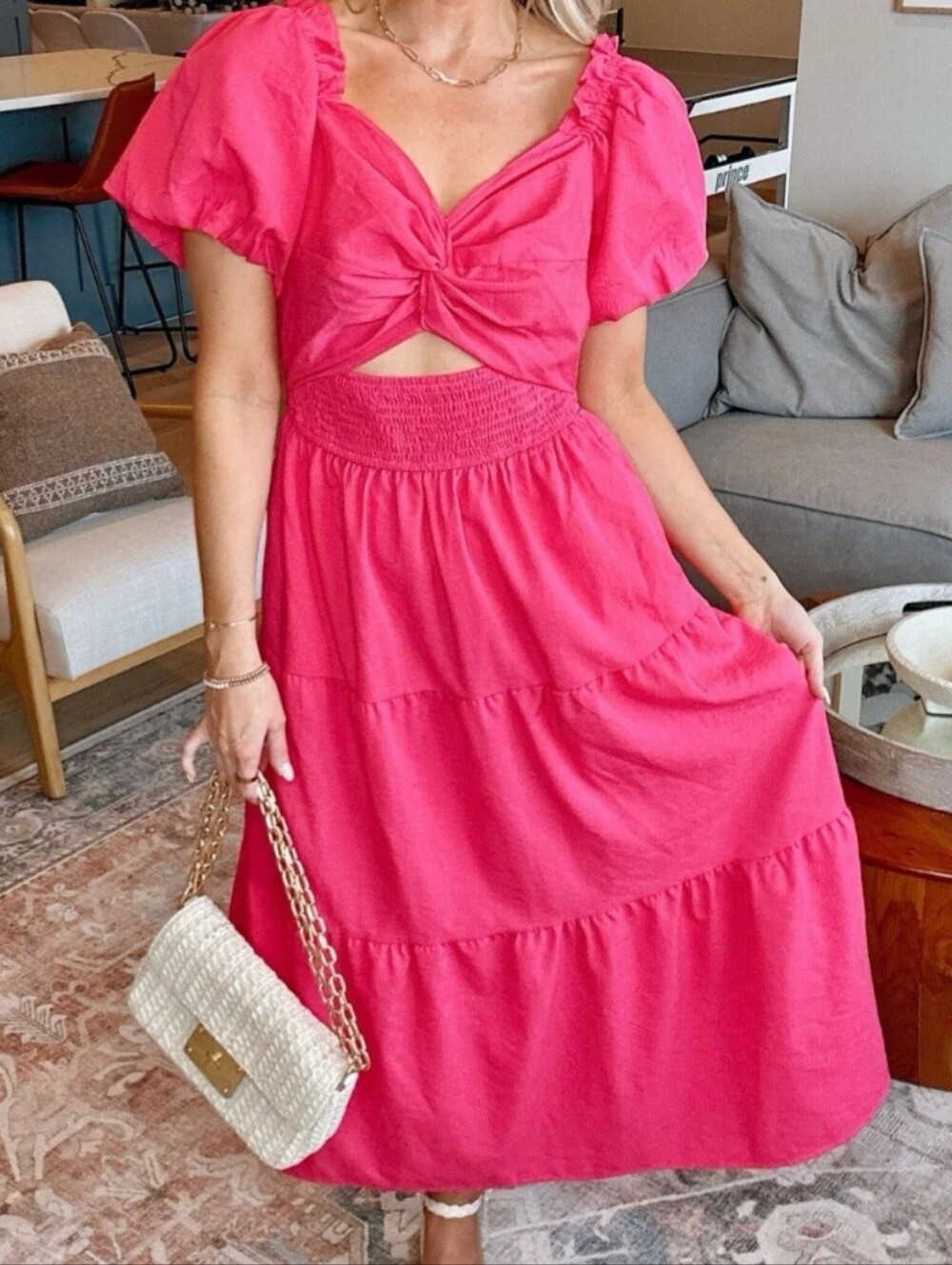 Zesica Smocked Tiered Short Puff Sleeve Cutout Dress Red Small Flowy Maxi  TC5